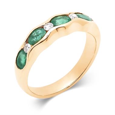 18ct Yellow Gold Oval Emerald and Diamond Half Eternity Ring thumbnail