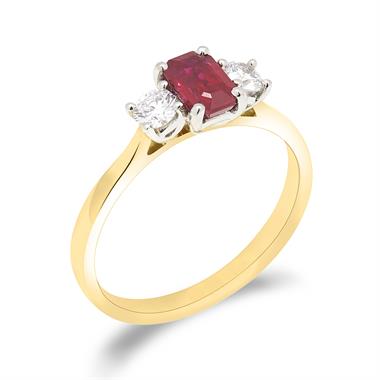 18ct Yellow Gold Emerald Cut Ruby and Diamond Three Stone Engagement Ring thumbnail