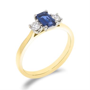 18ct Yellow Gold Emerald Cut Sapphire and Diamond Three Stone Engagement Ring thumbnail 