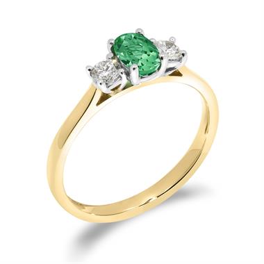 18ct Yellow Gold Oval Emerald and Diamond Three Stone Ring thumbnail