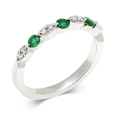 18ct White Gold Milgrain Detail Emerald and Diamond Half Eternity Ring thumbnail 