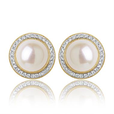 18ct Yellow Gold Pearl and Diamond Cluster Stud Earrings  thumbnail 