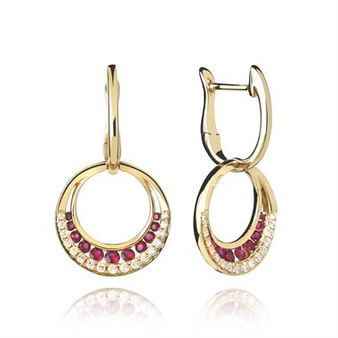 18ct Yellow Gold Ruby and Diamond Drop Earrings thumbnail 