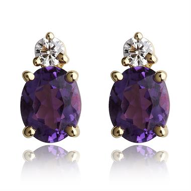 18ct Yellow Gold Oval Amethyst and Diamond Earrings thumbnail