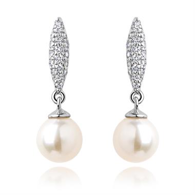 18ct White Gold Marquise Pearl and Diamond Drop Earrings thumbnail