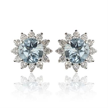 18ct White Gold Aquamarine and Diamond Cluster Stud Earrings thumbnail
