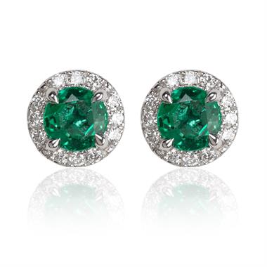 Camellia 18ct White Gold Emerald and Diamond Halo Stud Earrings thumbnail 