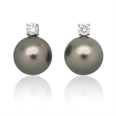 18ct White Gold Tahitian Pearl and Diamond Stud Earrings thumbnail