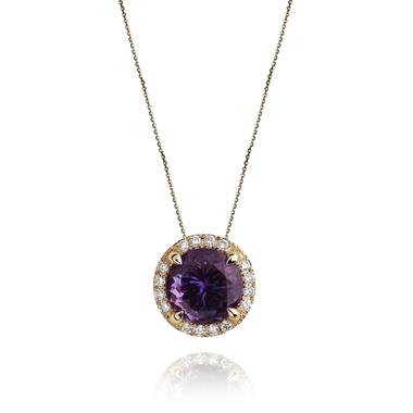 Camellia 18ct Yellow Gold Amethyst and Diamond Halo Pendant thumbnail