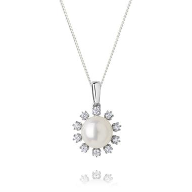 18ct White Gold Freshwater Pearl and Diamond Flower Pendant thumbnail