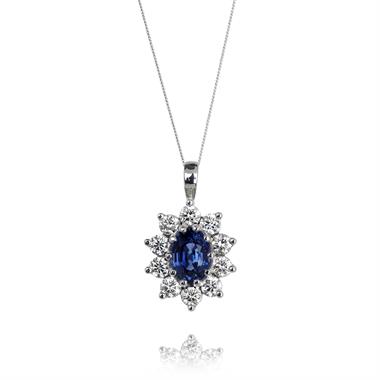 18ct White Gold Oval Sapphire and Diamond Cluster Pendant thumbnail