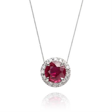 Camellia 18ct White Gold Ruby and Diamond Halo Necklace thumbnail