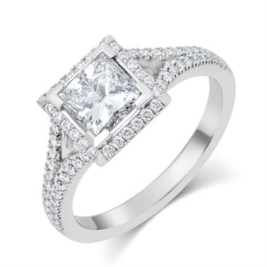 Platinum Split Shoulder Detail Princess Cut Diamond Halo Engagement Ring 1.65ct thumbnail