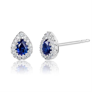 18ct White Gold Pear Shape Sapphire and Diamond Cluster Stud Earrings thumbnail
