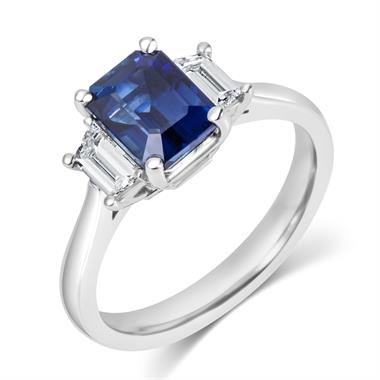 Platinum Sapphire and Trapezium Cut Diamond Three Stone Engagement Ring thumbnail 