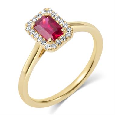 18ct Yellow Gold Emerald Cut Ruby and Diamond Halo Engagement Ring thumbnail