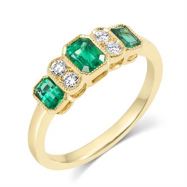 18ct Yellow Gold Milgrain Detail Emerald and Diamond Dress Ring thumbnail 