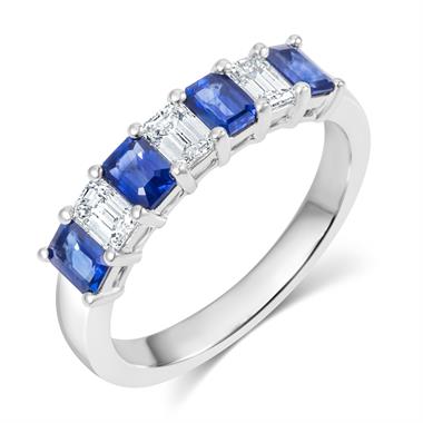 Platinum Emerald Cut Sapphire and Diamond Half Eternity Ring thumbnail 