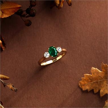 18ct Yellow Gold Oval Emerald and Diamond Three Stone Engagement Ring thumbnail