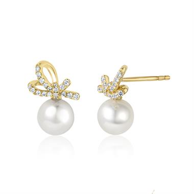 Isla 18ct Yellow Gold Bow Design Pearl and Diamond Drop Earrings thumbnail