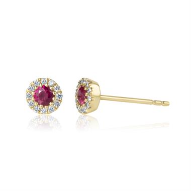 Camellia 18ct Yellow Gold Ruby and Diamond Halo Earrings thumbnail