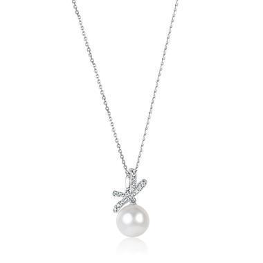 Isla 18ct White Gold Bow Design Pearl and Diamond Drop Pendant thumbnail 