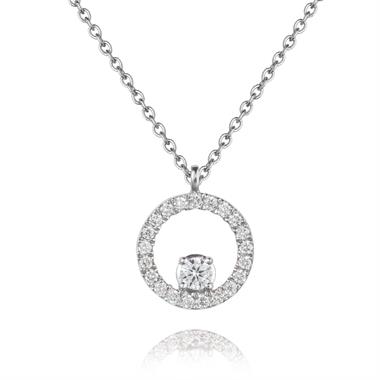 18WG trace chain necklace with a dia set circle and a large diamond in centre. 45cm long. 22 dias/0.20ct thumbnail