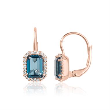 18ct Rose Gold Emerald Cut London Blue Topaz and Diamond Halo Drop Earrings thumbnail 