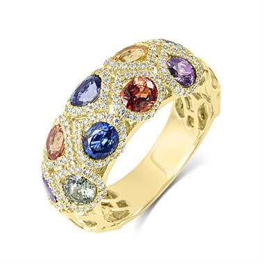 Samba 18ct Yellow Gold Dome Design Rainbow Sapphire And Diamond Dress Ring
 thumbnail