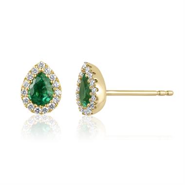 Camellia 18ct Yellow Gold Emerald and Diamond Teardrop Halo Earrings
 thumbnail 