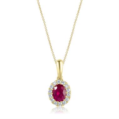 Camellia 18ct Yellow Gold Ruby and Diamond Oval Halo Pendant
 thumbnail