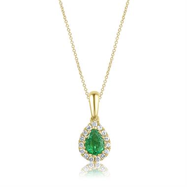 Camellia 18ct Yellow Gold Emerald and Diamond Teardrop Halo Pendant
 thumbnail