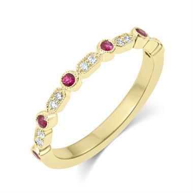 18ct Yellow Gold Vintage Style Ruby and Diamond Half Eternity Ring thumbnail