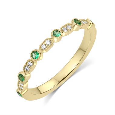 18ct Yellow Gold Vintage Style Emerald and Diamond Half Eternity Ring thumbnail 
