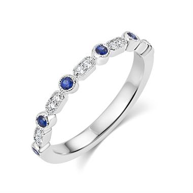 18ct White Gold Vintage Style Sapphire and Diamond Half Eternity Ring thumbnail
