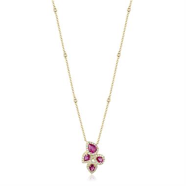 Oriana 18ct Yellow Gold Petal Cluster Ruby and Diamond Halo Necklace thumbnail