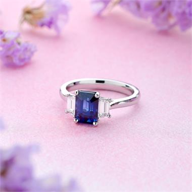 Platinum Sapphire and Trapezium Cut Diamond Three Stone Engagement Ring thumbnail