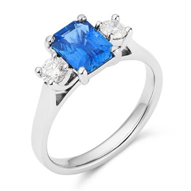 Platinum Emerald Cut Sapphire and Diamond Three Stone Engagement Ring thumbnail