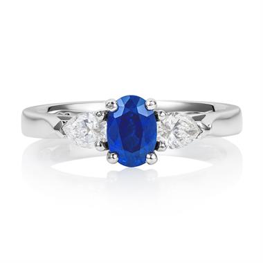 Platinum Oval Sapphire and Pear Shape Diamond Three Stone Engagement Ring thumbnail