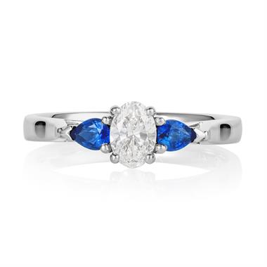 Platinum Oval Diamond and Pear Shape Sapphire Three Stone Engagement Ring thumbnail