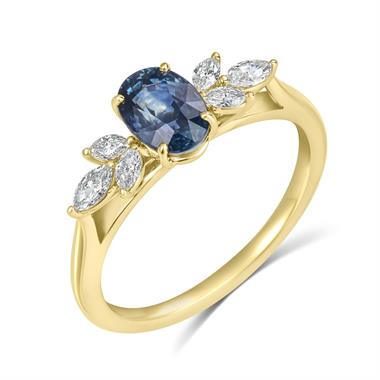 18ct Yellow Gold Oval Teal Sapphire and Marquise Diamond Engagement Ring thumbnail 