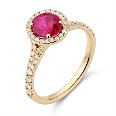 18ct Yellow Gold Oval Ruby and Diamond Halo Dress Ring thumbnail
