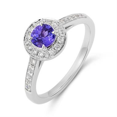 18ct White Gold Tanzanite and Diamond Halo Ring thumbnail