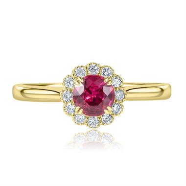 18ct Yellow Gold Vintage Inspired Round Ruby Halo Ring   thumbnail