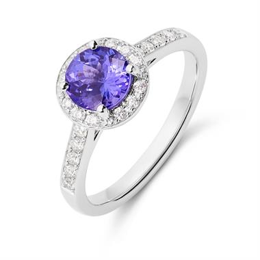 18ct White Gold Tanzanite and Diamond Halo Dress Ring thumbnail