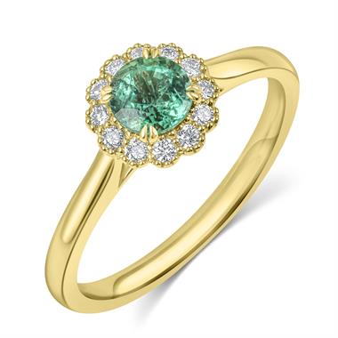 18ct Yellow Gold Vintage Inspired Round Emerald Halo Ring   thumbnail
