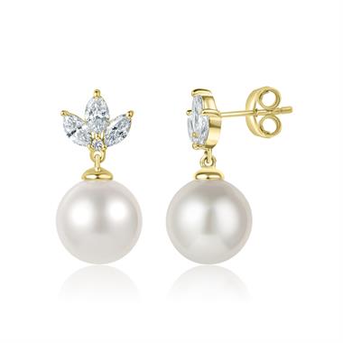 18ct Yellow Gold Pearl and Marquise Diamond Earrings thumbnail