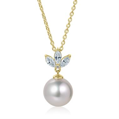 18ct Yellow Gold Pearl and Marquise Diamond Necklace thumbnail 