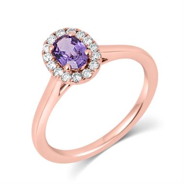 18ct Rose Gold Oval Violet Sapphire and Diamond Halo Engagement Ring thumbnail