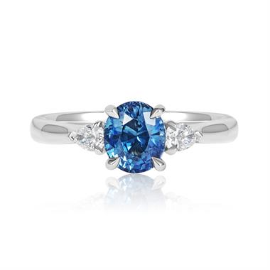 Platinum Oval Teal Sapphire and Pear Diamond Three Stone Ring thumbnail